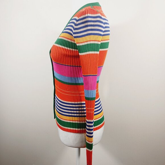 STAUD Cargo Cardigan, Ribbed Multi Color Stripes Stretch Knit, Size Small Fitted - Picture 3 of 15